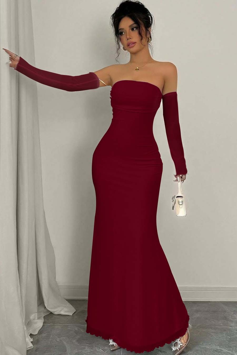 Strapless Long Mermaid Formal Dress With Detachable Sleeves Pleated