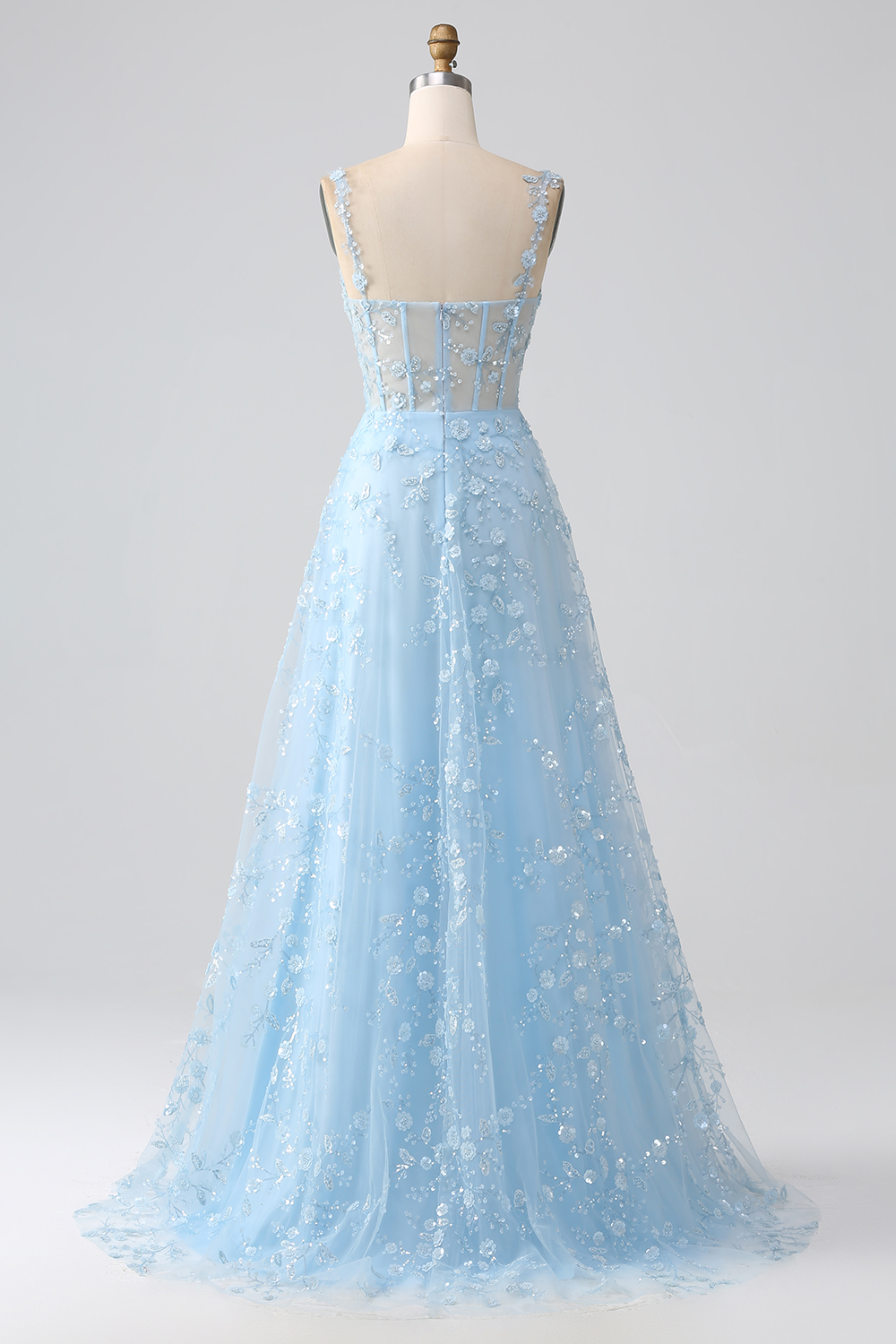 Long Corset Prom Dress in Blush with A-Line Silhouette and Spaghetti Straps Adorned with Appliques