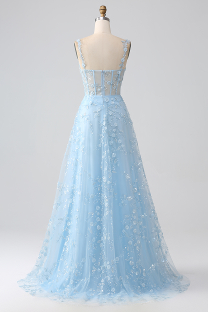 Long Corset Prom Dress in Blush with A-Line Silhouette and Spaghetti Straps Adorned with Appliques