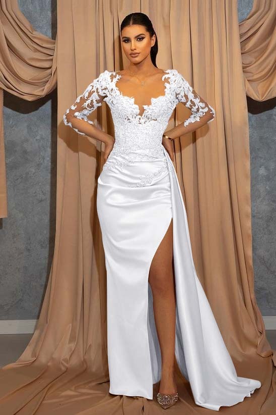 Deep V Neck Beads Long Sleeves Lace Appliques Pleated Formal Dress With Ruffles