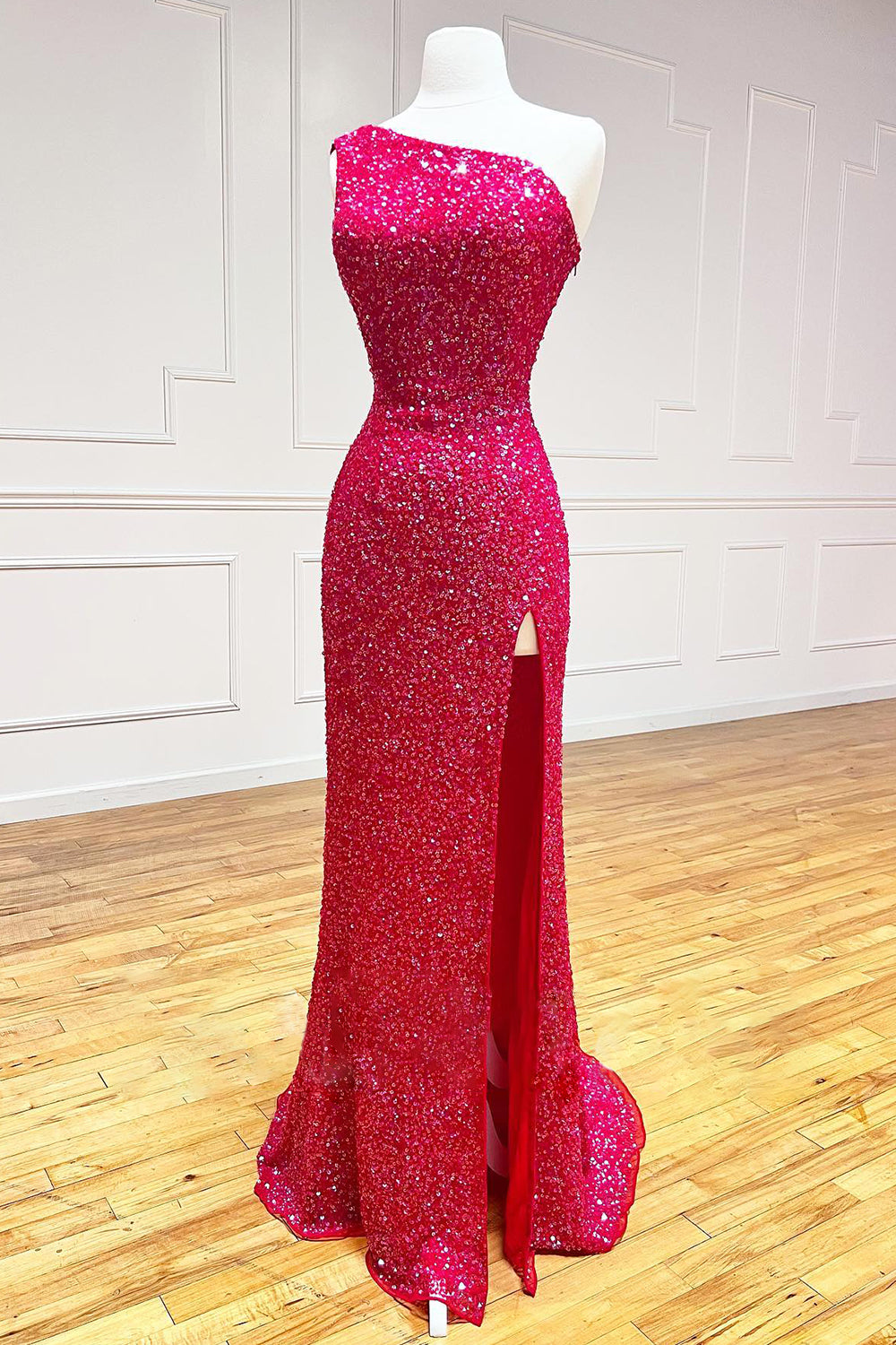 White Sequined Long Prom Gown with One Shoulder and Front Slit
