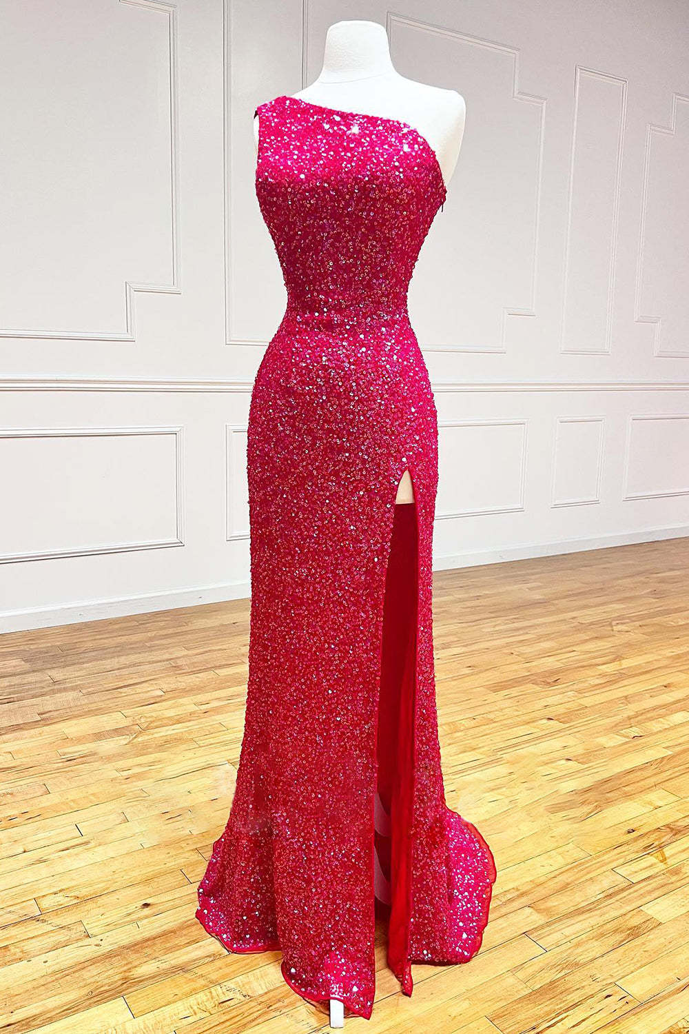 White Sequined Long Prom Gown with One Shoulder and Front Slit