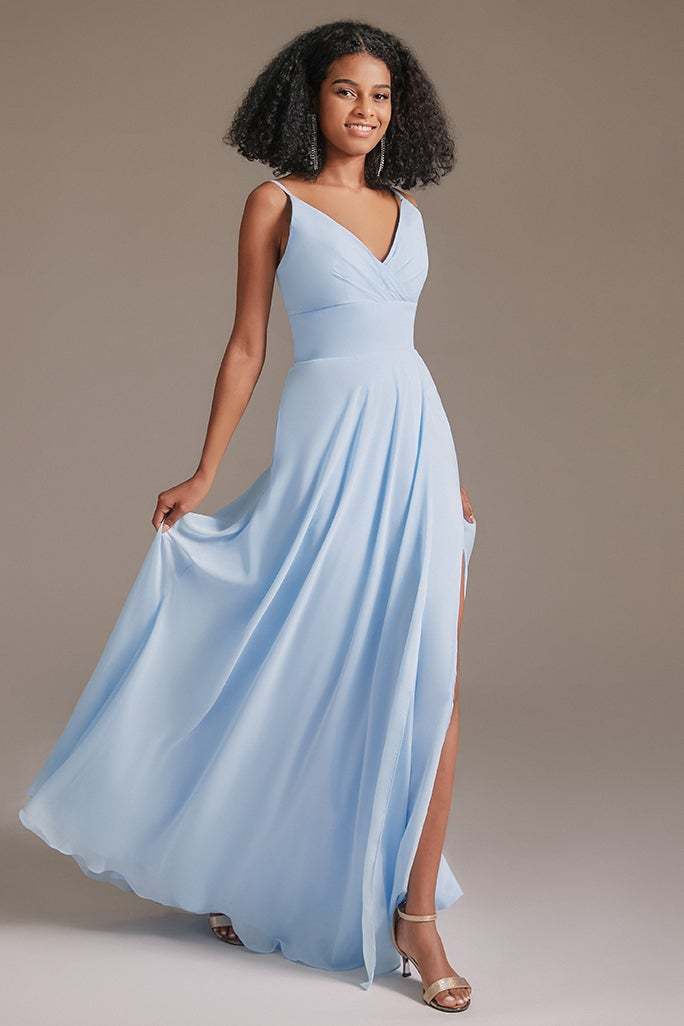 Spaghetti-Straps Slit V-Neck Bridesmaid Dress
