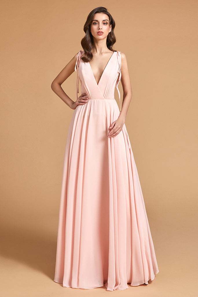 Pink Backless V-Neck Bridesmaid Dress