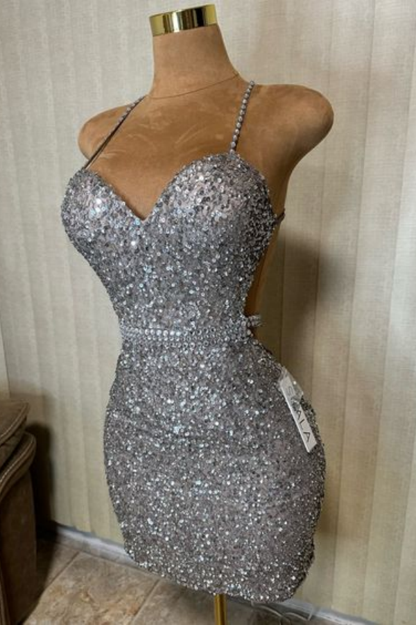 Silver Sequins Beaded Sweetheart Short Mini cocktail Dress