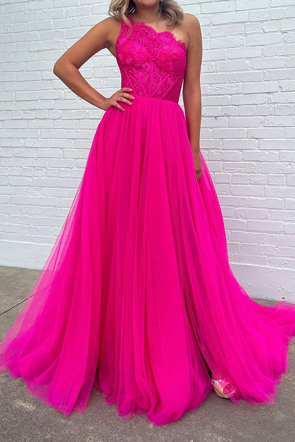 Fuchsia One-Shoulder A-Line Prom Corset Dress with Front Split