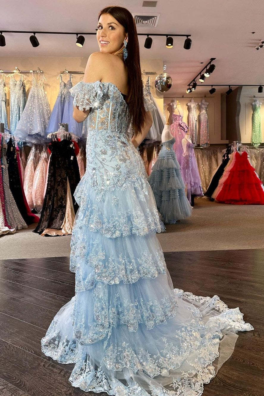 Elegant Navy Mermaid Prom Dress with Off-Shoulder Lace Ruffles