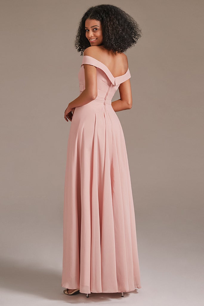 Off-the-Shoulder Pink Bridesmaid Dress with Pockets