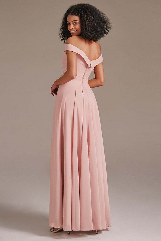 Off-the-Shoulder Pink Bridesmaid Dress with Pockets