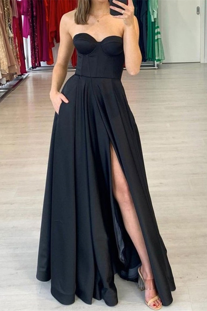 Sweetheart Black Prom Dress Split With Pockets