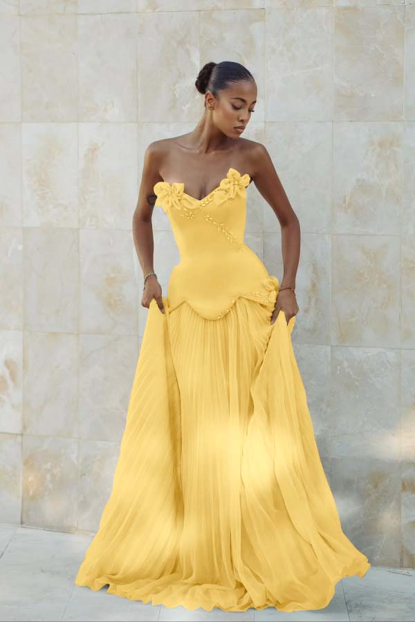 Stunning Strapless Sleeveless Long Formal Dress With Pleated Beading