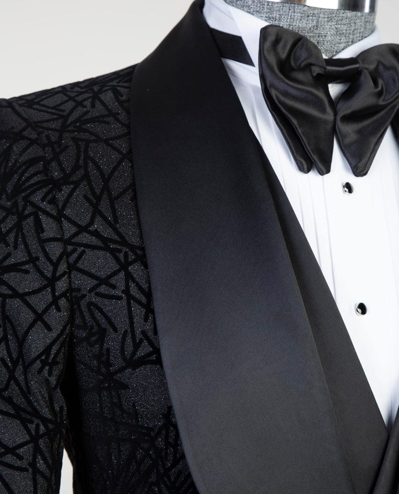 Newest Darren Black Three-Piece Shawl Lapel Jacquard Men's Suits
