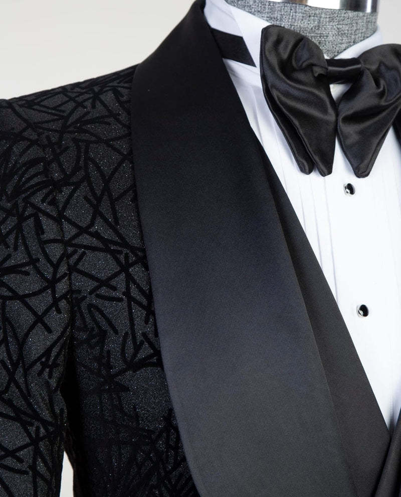 Newest Darren Black Three-Piece Shawl Lapel Jacquard Men's Suits