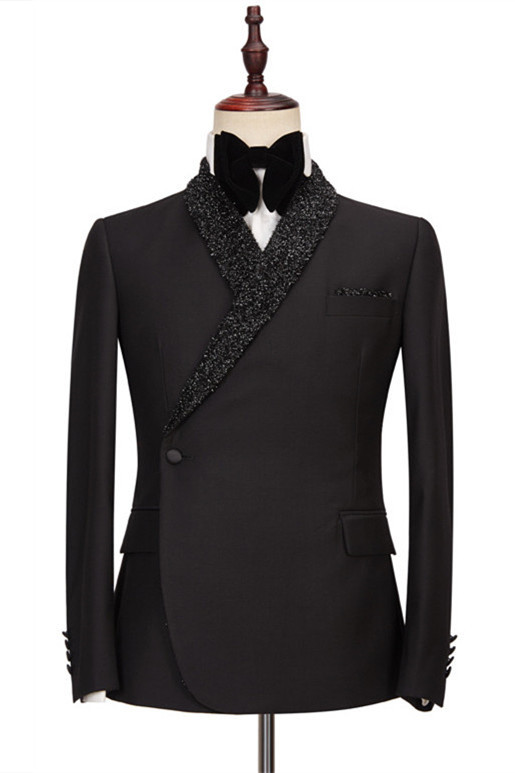 Colby Sparkly Black One-Button Wedding Suits with Shawl Lapel
