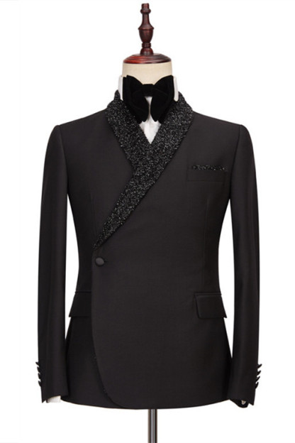 Colby Sparkly Black One-Button Wedding Suits with Shawl Lapel