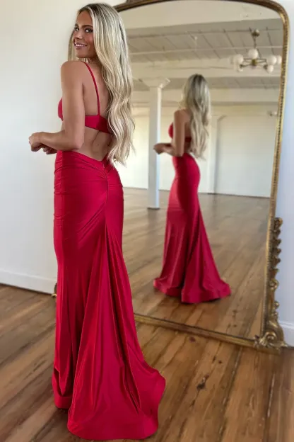 Satin Mermaid Prom Dress with Red Spaghetti Straps and Elegant Cut-out Design