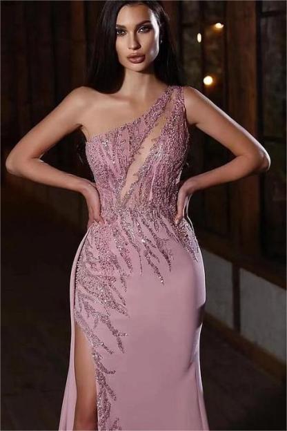 Elegant One Shoulder Sleeveless Appliques Formal Dress Mermaid With Split