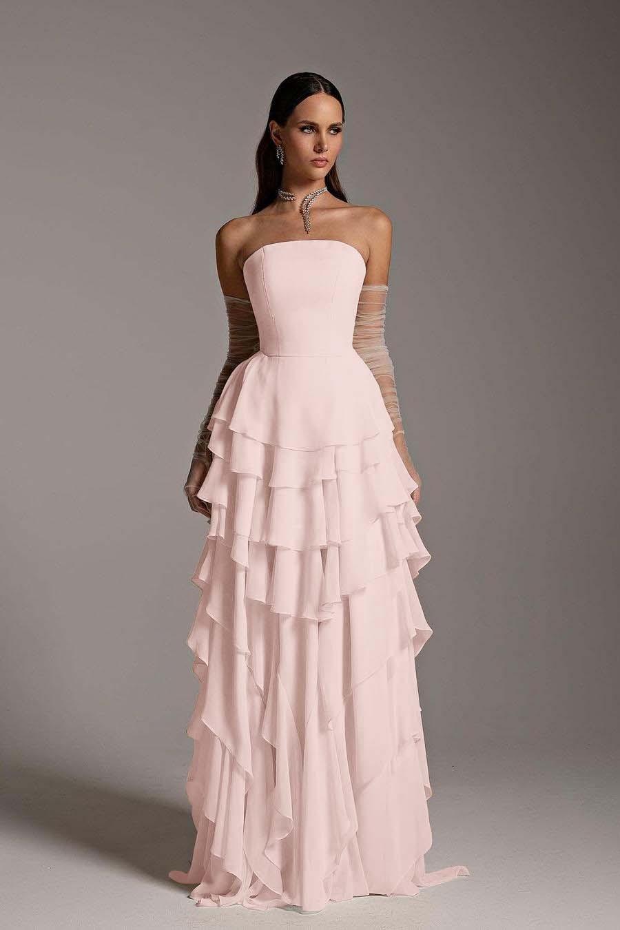 Charming Strapless Sleeveless Ruffles Long Formal Dress With Gloves