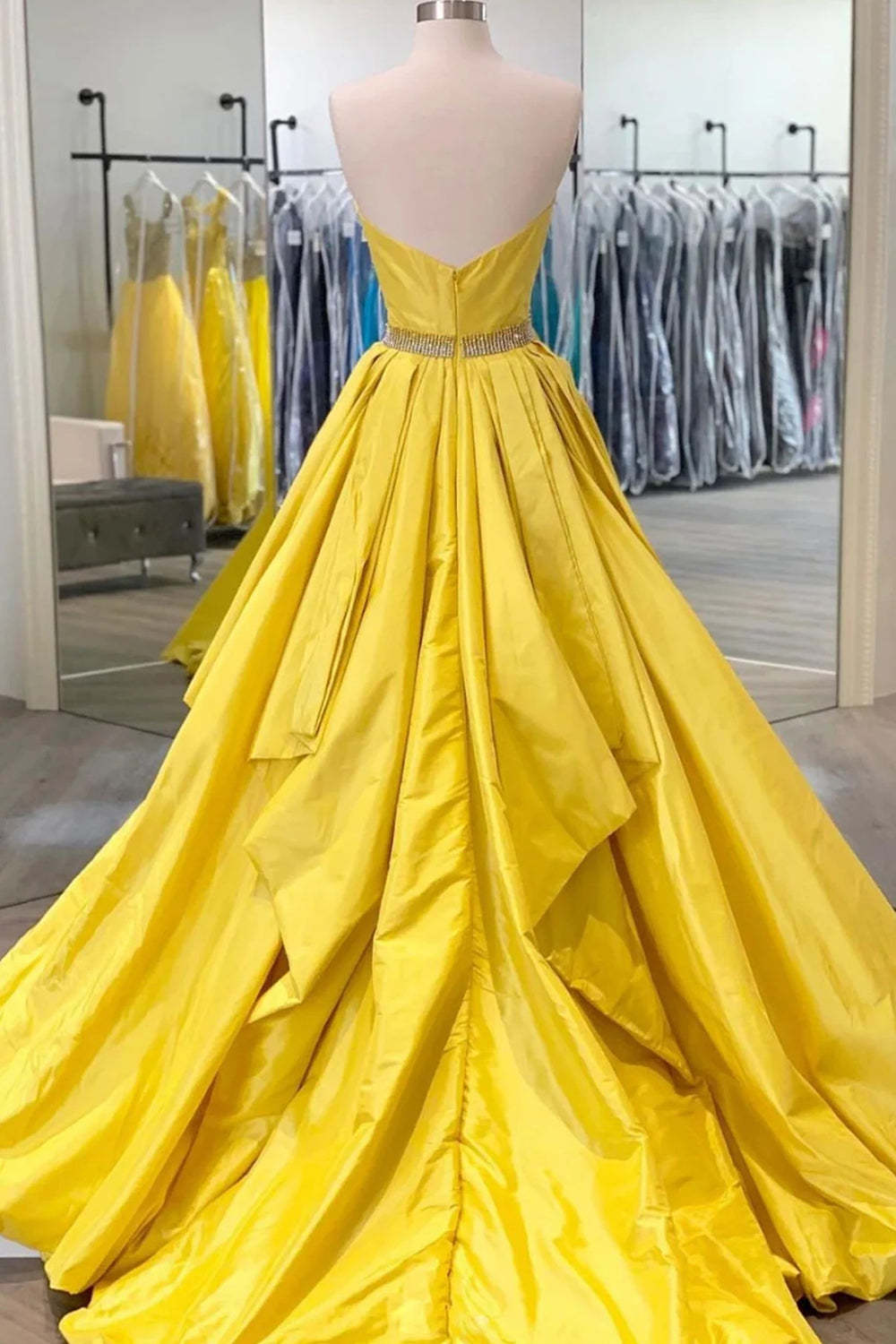 Long Yellow A-Line Prom Dress with Sweetheart Neckline and Beading