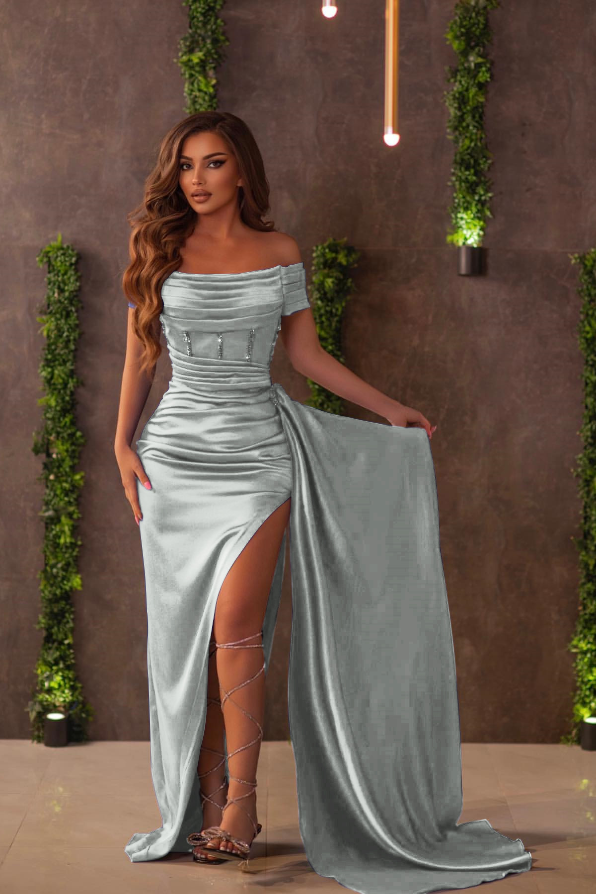 Royal Blue Off-the-Shoulder Split Evening Dress With Ruffles