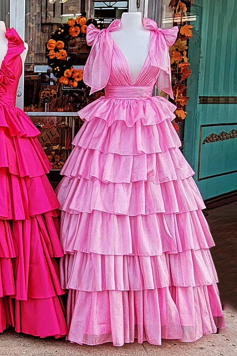 Deep V Neck Fuchsia Princess Prom Dress with Ruffles in A Line