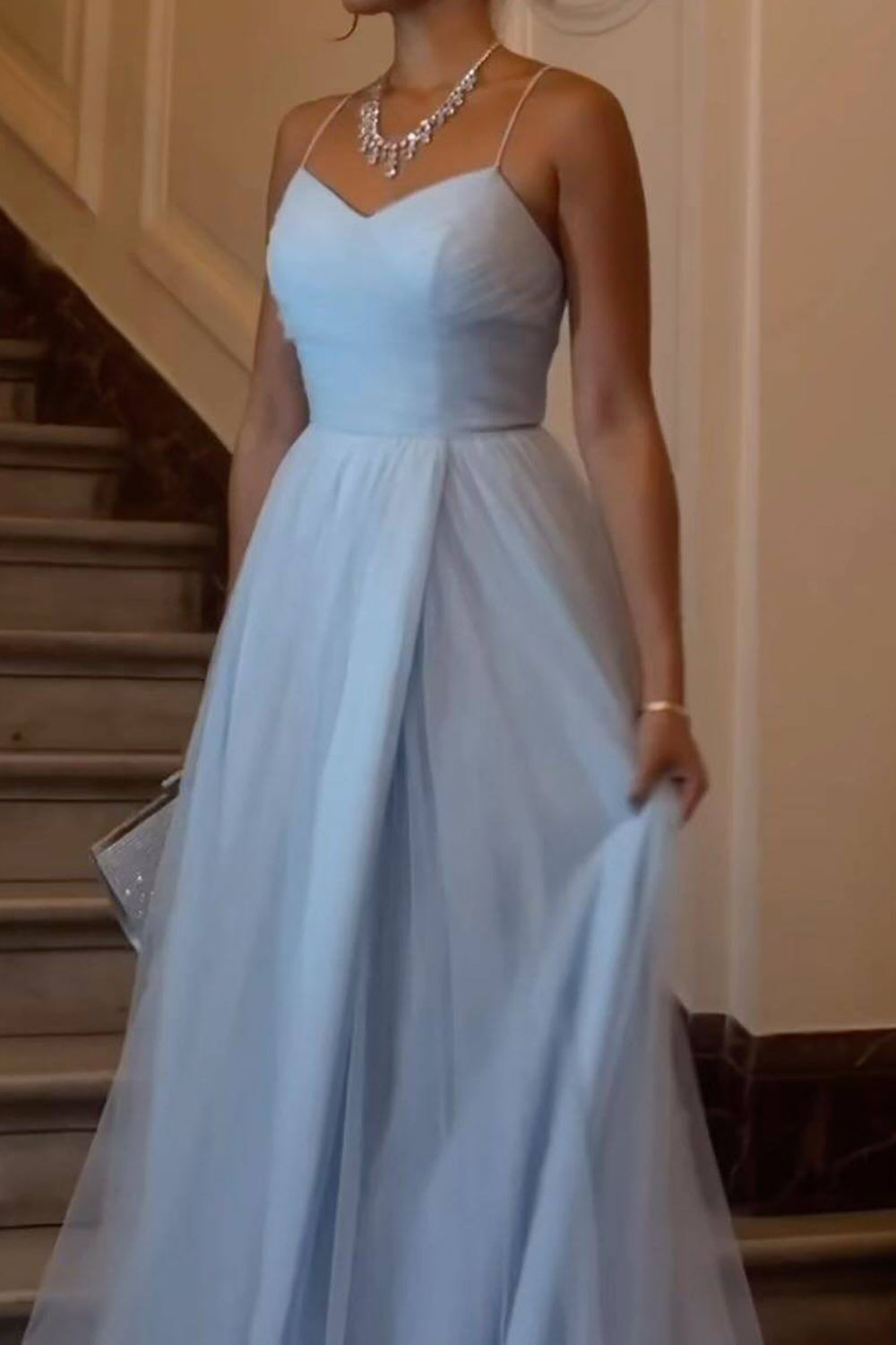 Sky Blue Long Prom Dress with Elegant A Line and Spaghetti Straps Featuring a Split Front