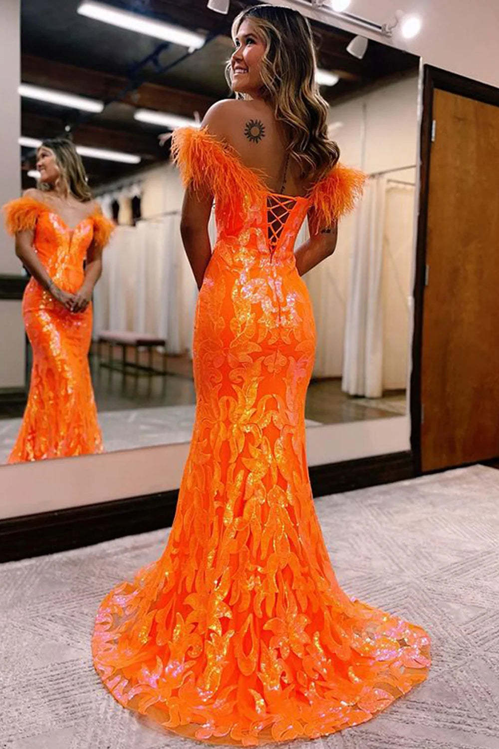Fuchsia Long Prom Dress with Feathers in a Mermaid Off-the-Shoulder Style