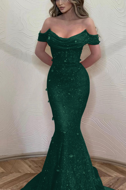 Orange Off the Shoulder Strapless Sleeveless Formal Dress With Sequins Mermaid