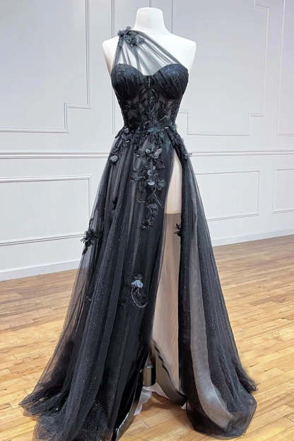 Black One Shoulder A-Line Prom Corset Dress with Appliques