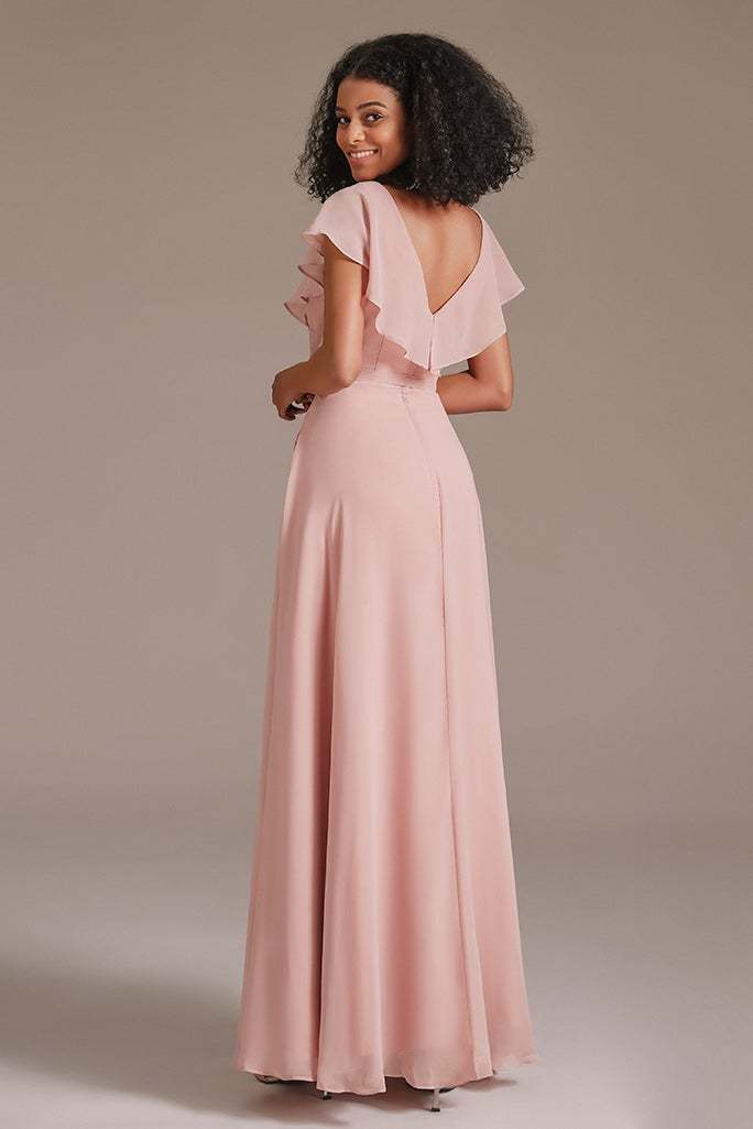 Chiffon Pink Ruffles V-Neck Bridesmaid Dress