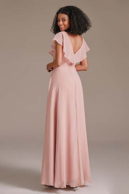 Chiffon Pink Ruffles V-Neck Bridesmaid Dress