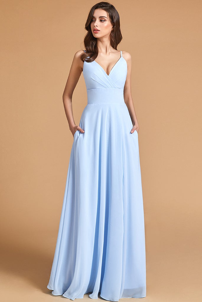 V-Neck Spaghetti-Straps Split Bridesmaid Dress with Pockets