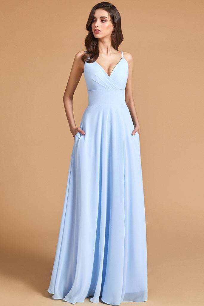 V-Neck Spaghetti-Straps Split Bridesmaid Dress with Pockets