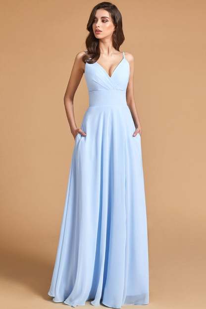 V-Neck Spaghetti-Straps Split Bridesmaid Dress with Pockets