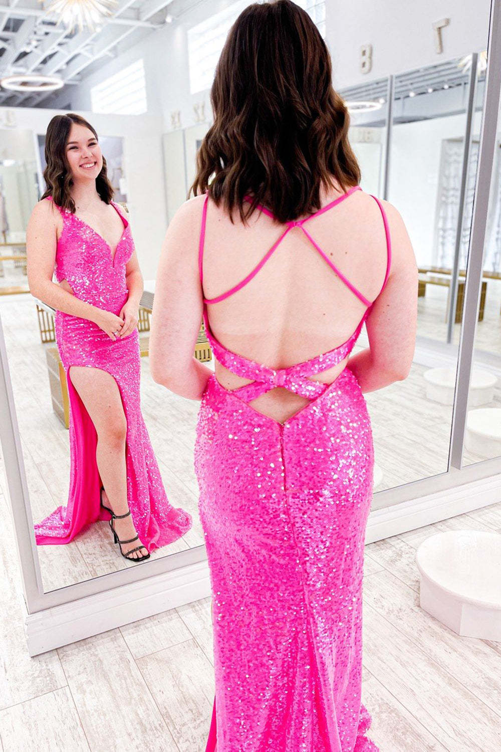 V-Neck Prom Dress with Slit in Hot Pink Sequins