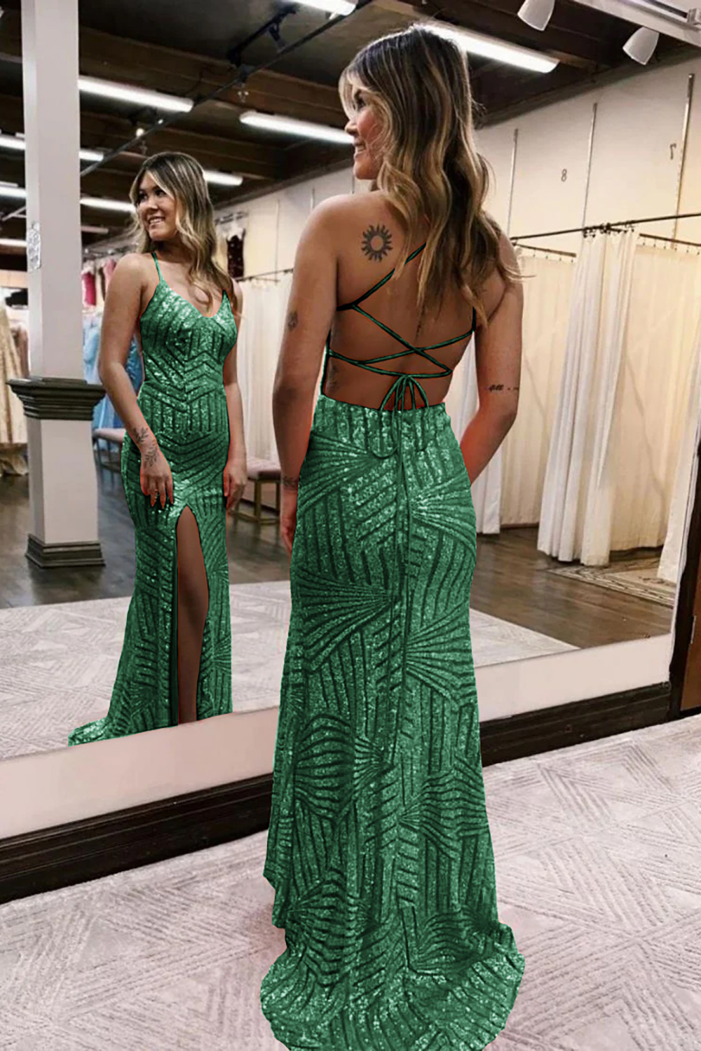 Long Orange Sequined Prom Dress with Criss Cross Back and Sheath Spaghetti Straps