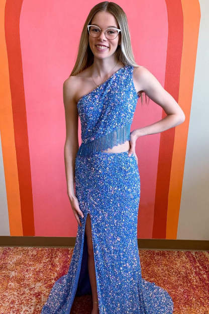 Golden Sequin Mermaid Prom Dress with Front Split and One Shoulder