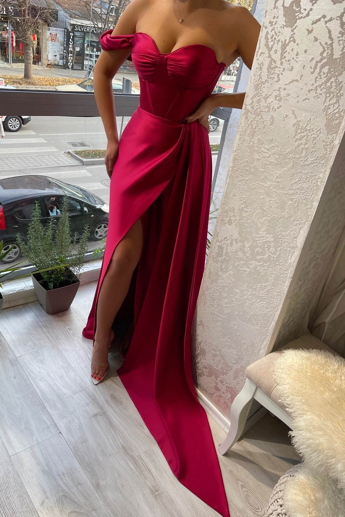 Classic One Shoulder Slit Strapless Sweetheart Evening Dress With Ruffle
