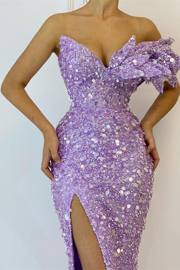 Pretty Lilac Sequins Off the Shoulder Mermaid Formal Dress With Split