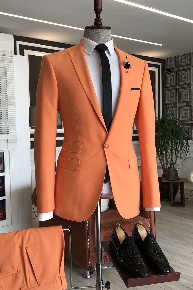 Shining Orange Peaked Lapel Three-Flap cocktail Suit for Guys