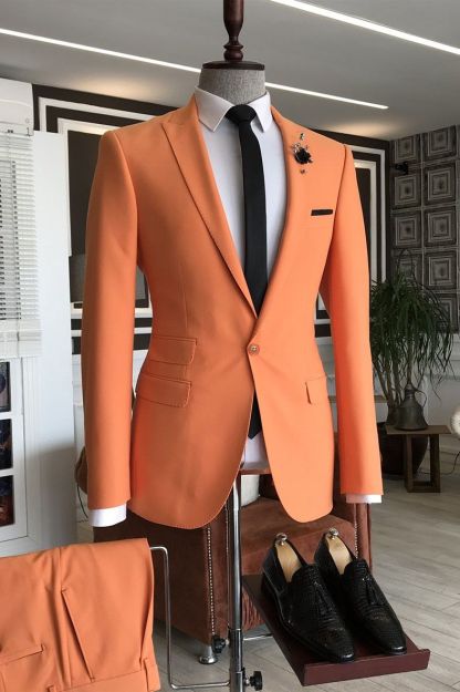 Shining Orange Peaked Lapel Three-Flap cocktail Suit for Guys