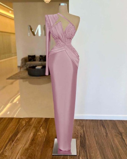 Long Sleeve One Shoulder Long Formal Dress With Pleated Appliques