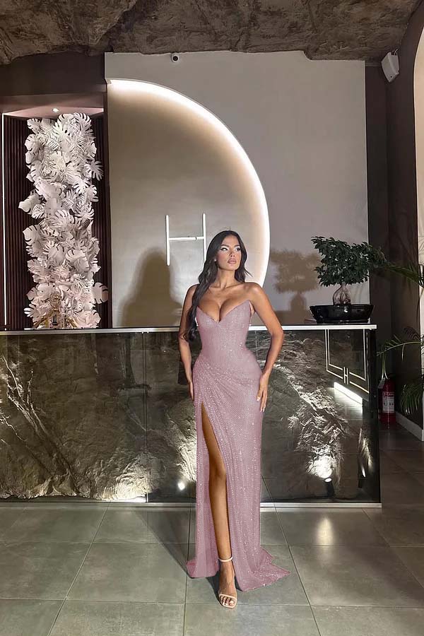 Sequin Strapless Sleeveless Long Split Formal Dress With Pleated