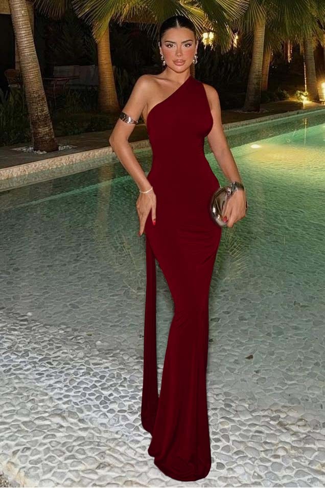 One Shoulder Sleeveless Mermaid Long Formal Dress With Ruffles