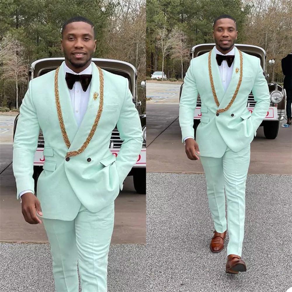 Fashion Conor Mint Green Shawl Lapel Double-Breasted Wedding Suits with Appliques