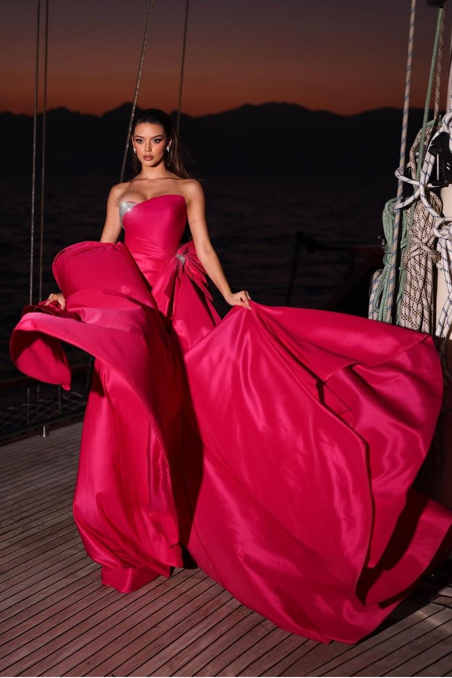 Fuchsia Sleeveless Strapless Long Formal Dress With Pleated Beading