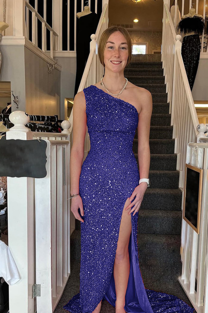 White Sequined Long Prom Gown with One Shoulder and Front Slit