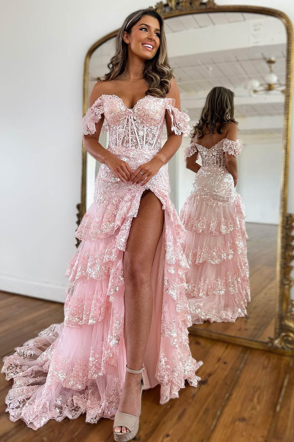 Long Red Prom Dress with Lace in an Off-the-Shoulder A-Line Design