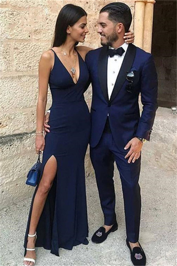 Elegant Dark Blue One-Button Two-Piece Blazer for Groom Black Lapel