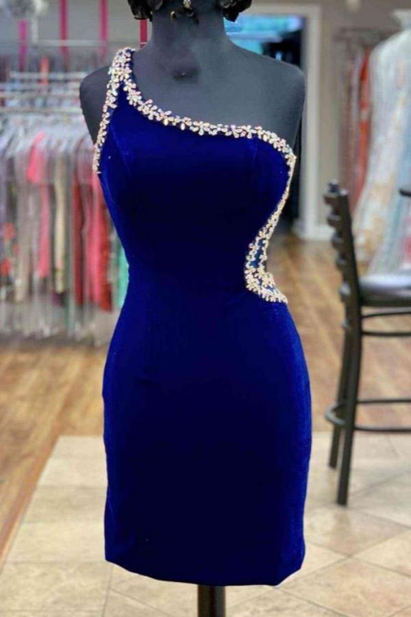 Royal Blue Beaded One-Shoulder Short Mini cocktail Dress